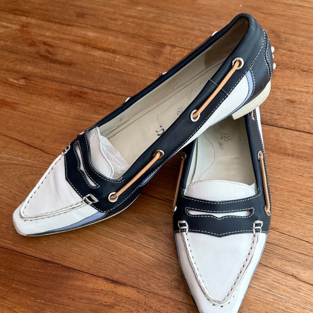 Tod’s Women's Navy and White Leather Moc Toe Loafers